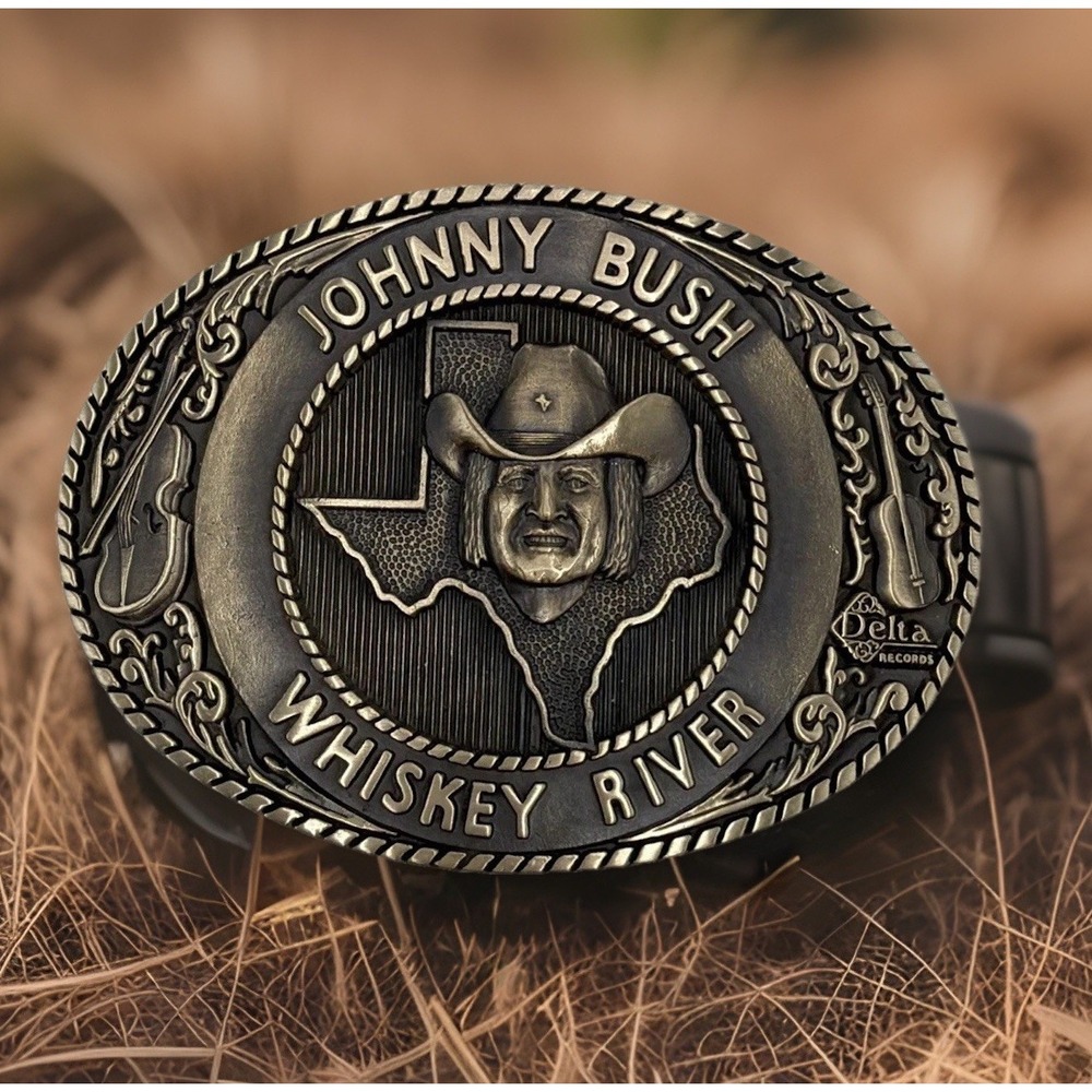 Vintage Johnny Bush Whiskey River Texas Outlaw Country Music Brass Belt Buckle.